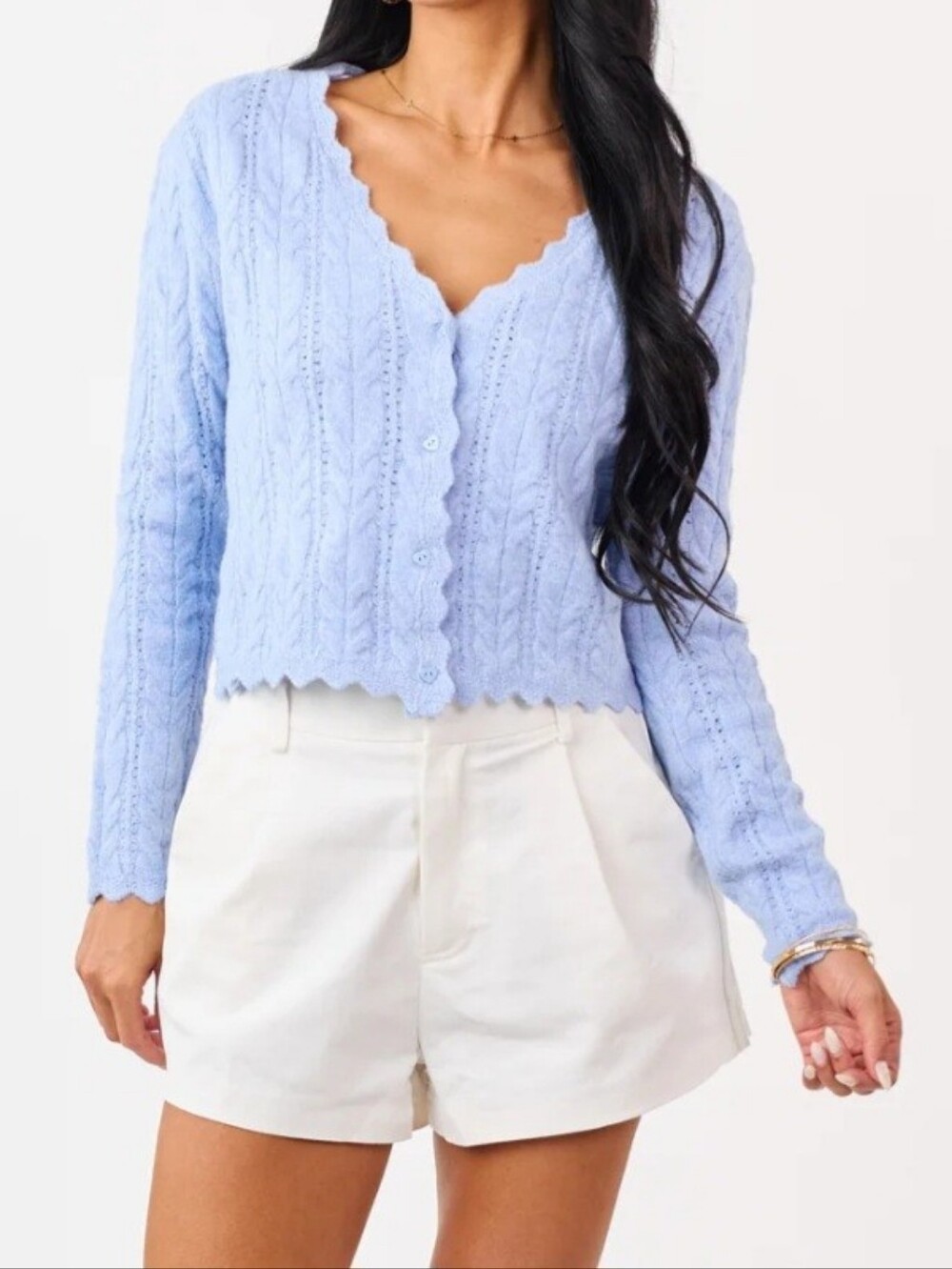 Camellia Light Blue Cable Knit Scalloped Cardigan Sweater *NWT*